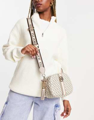 River Island Monogram Cross Body Bag in Beige-Grey