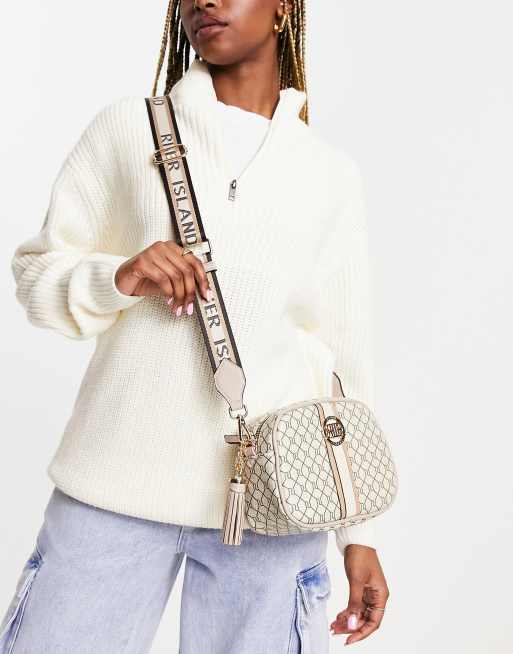 Beige RI monogram print cross body bag