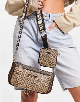 River Island monogram double pouchette cross body in brown - ASOS Price Checker