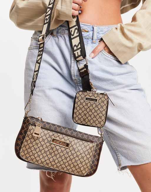 River Island monogram double pouchette crossbody bag in brown