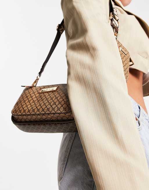 River Island monogram double pouchette cross body in brown, 2 of 4