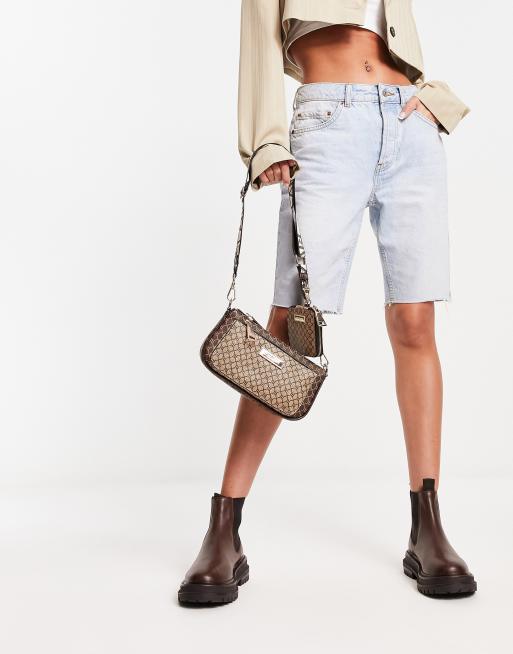 River Island monogram double pouchette cross body in brown, 4 of 4