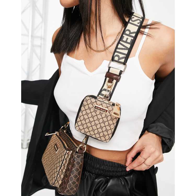 River Island Monogram Pouchette Cross Body Bag in Brown