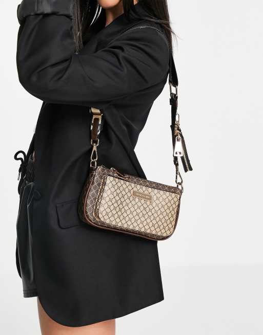 River Island monogram double pouchette crossbody bag in black