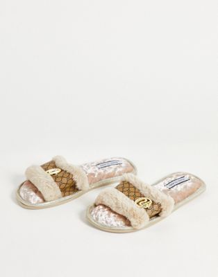 River Island monogram faux fur slipper in cream