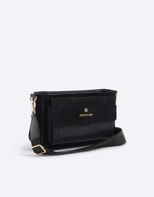 River Island Monogram faux suede cross body bag in black - view 1