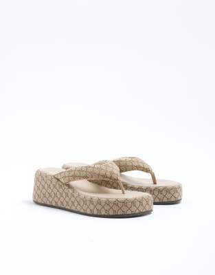  Monogram flip flop wedge sandals in beige - light
