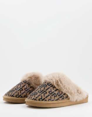 River Island monogram fluffy mule slippers in brown