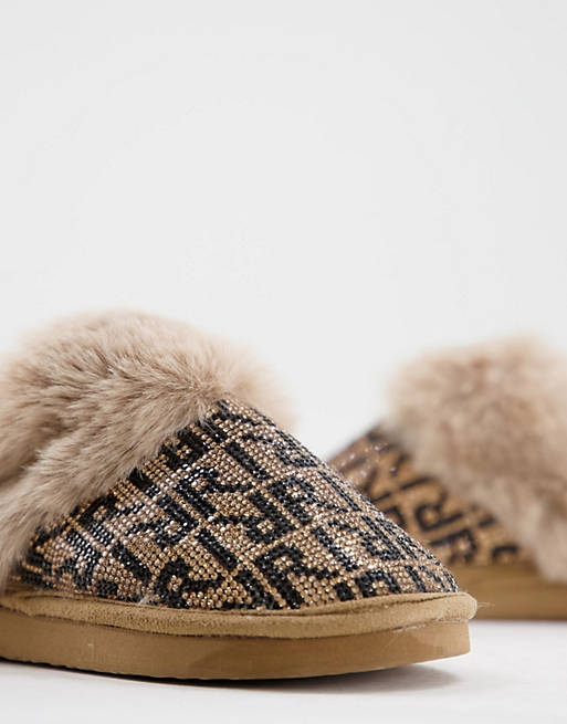  Slippers/River Island monogram fluffy mule slippers in brown 