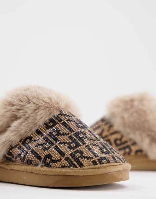 River Island monogram fluffy mule slippers in brown ASOS