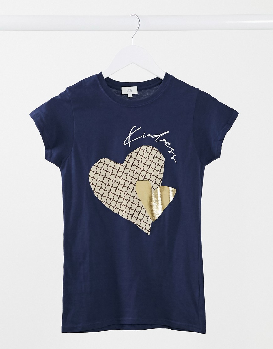 River Island monogram heart slogan t-shirt in navy