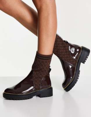 River Island monogram knit flat sock boot in brown