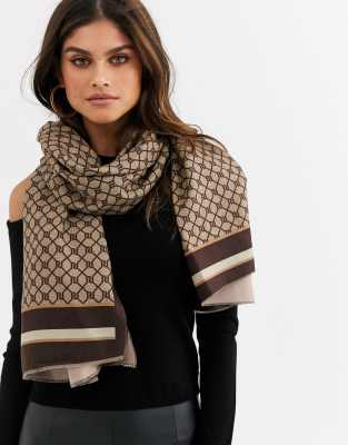 River Island monogram lightweight scarf in brown | ASOS
