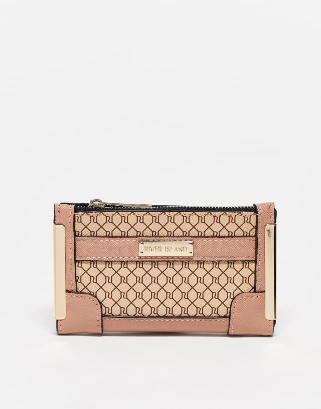 River Island monogram mini wallet in beige