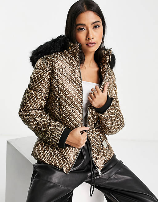  River Island monogram padded belted jacket with faux fur hood in brown 