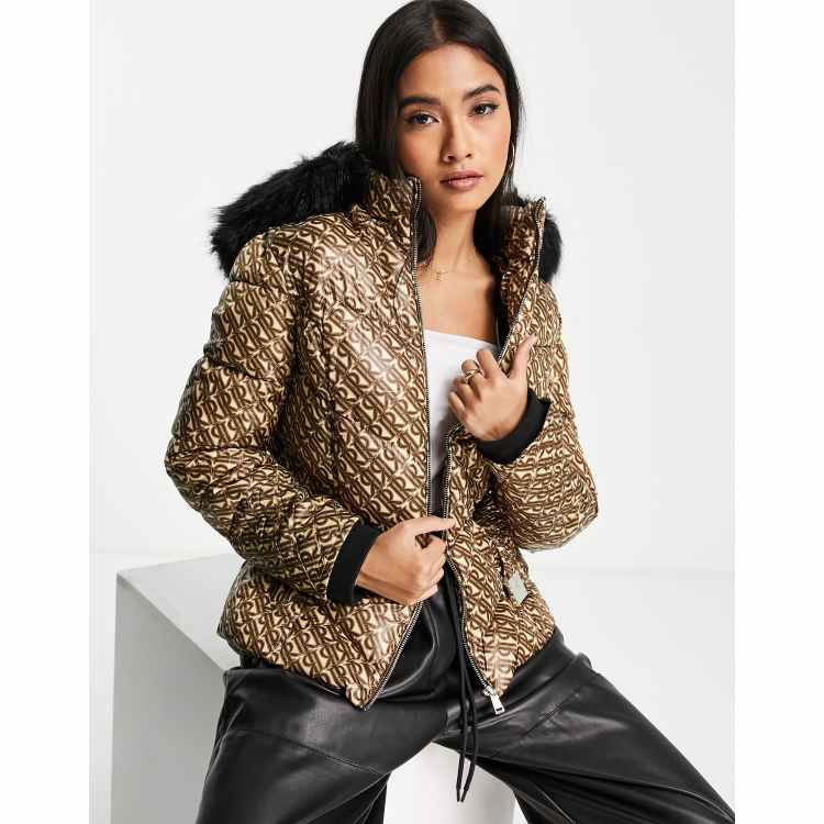 River Island monogram padded belted jacket with faux fur hood in brown