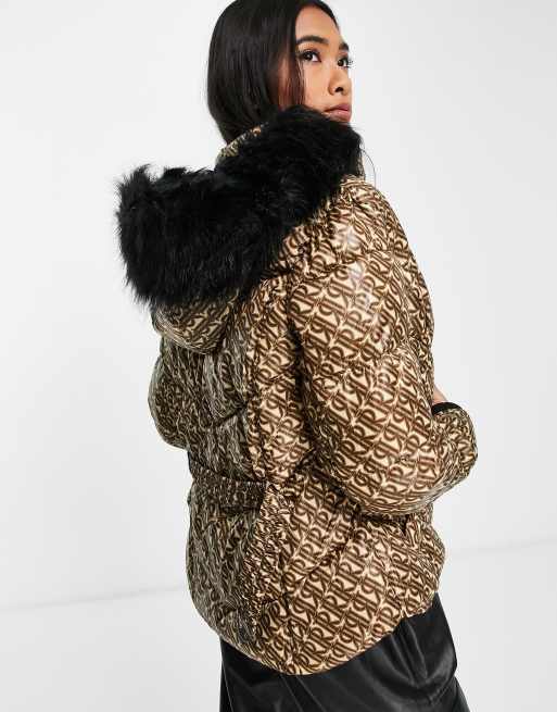 River Island monogram padded belted jacket with faux fur hood in brown