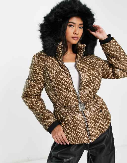 River Island monogram padded belted jacket with faux fur hood in brown