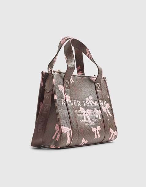 River Island Monogram print bow tote bag in brown - dark - view 1