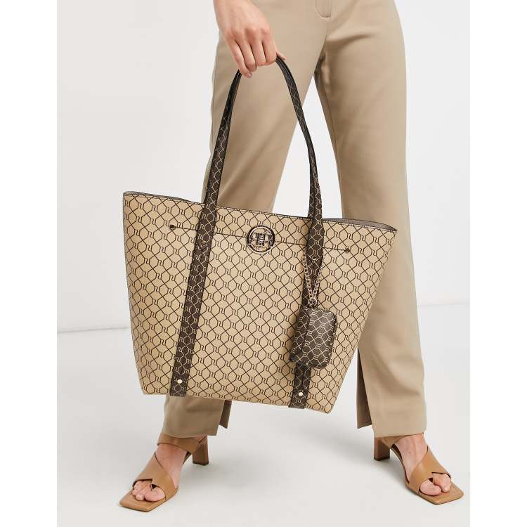 River Island monogram shopper bag with pouch in brown ASOS