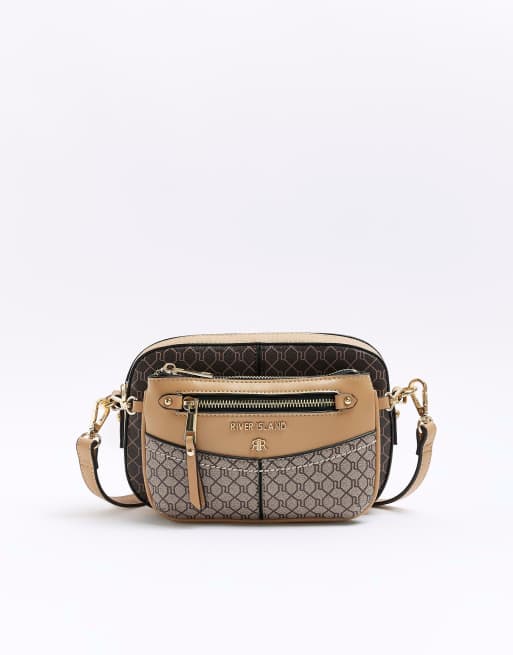 River Island Monogram small cross body bag in brown ASOS