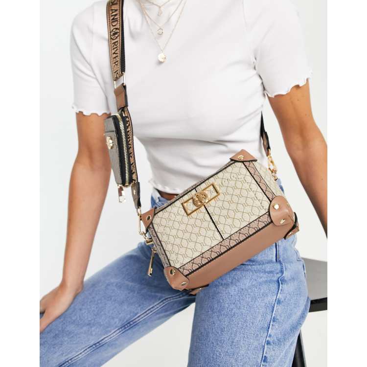 River Island Monogram Cross Body Bag in Beige-Grey