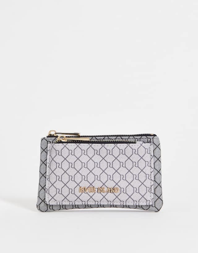 River Island monogram zip pouch wallet in gray