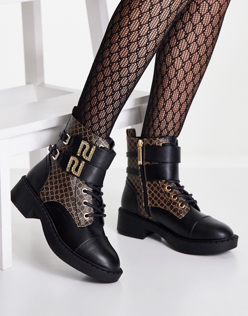 River Island monogrammed double strap hardware boot in black