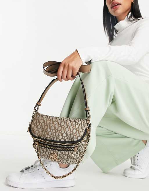 BEIGE RIVER ISLAND MONOGRAM PRINT JACQUARD SLOUCH BAG