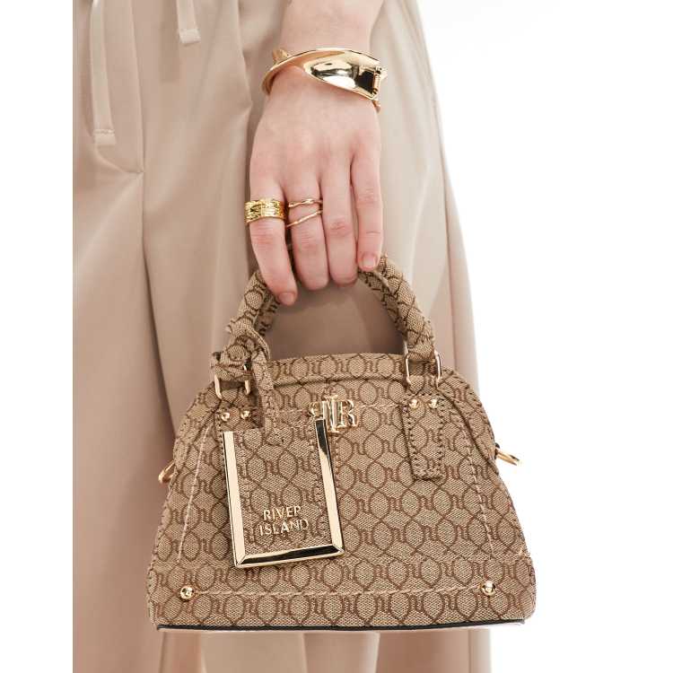 River Island monogrammed mini bag in beige ASOS
