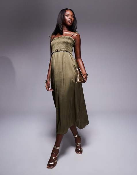 River Island – Mörk khakifärgad smockad midiklänning - view 1
