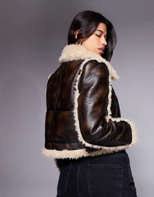 River Island – Mörkbrun bikerjacka med dekorativ söm i fårskinnsimitation, 4 av 4
