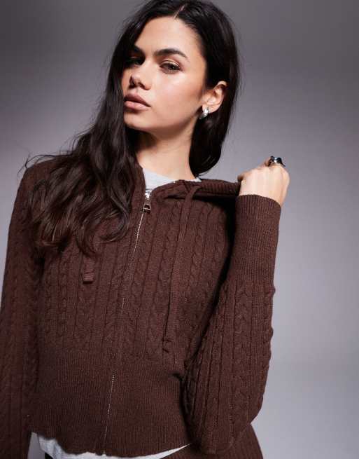 River Island – Mörkbrun, kabelstickad huvtröja, del av set, 2 av 4