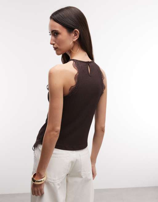 River Island – Mörkbrun, texturerad topp med halterneck och spetskant, 4 av 4
