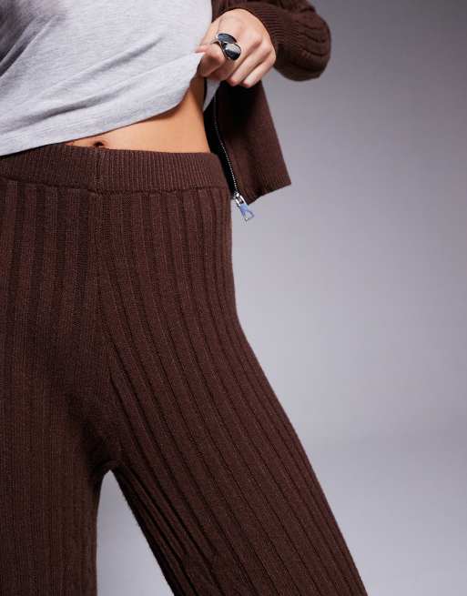River Island – Mörkbruna, flätstickade byxor med vida ben, del av set, 2 av 5