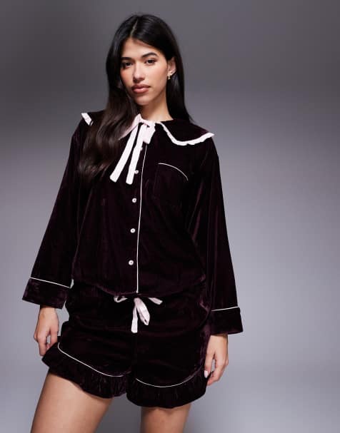 River Island – Mörklila pyjamas med volangkrage i sammet - view 1