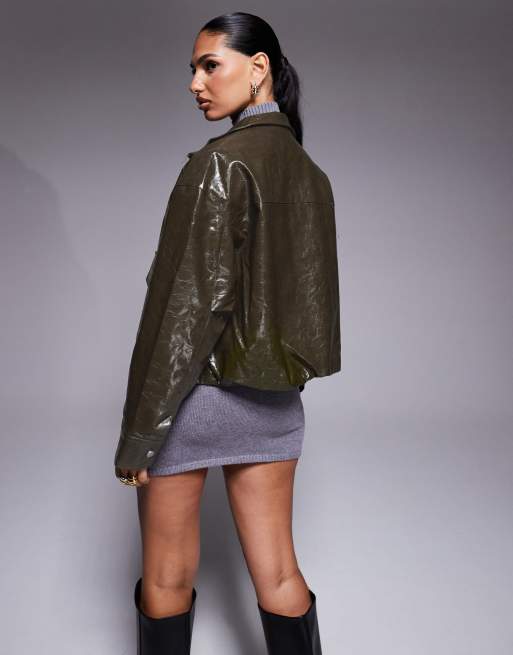 River Island – Mörkt kakigrön jacka i läderimitation, 3 av 4