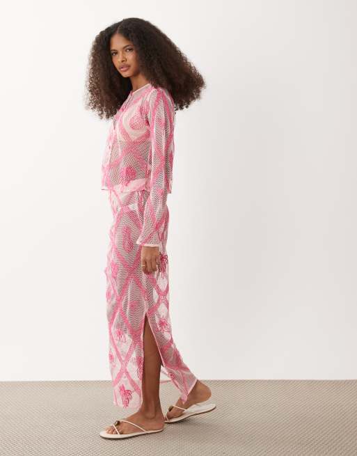 River Island motif crochet maxi skirt co-ord in pink, 2 of 5