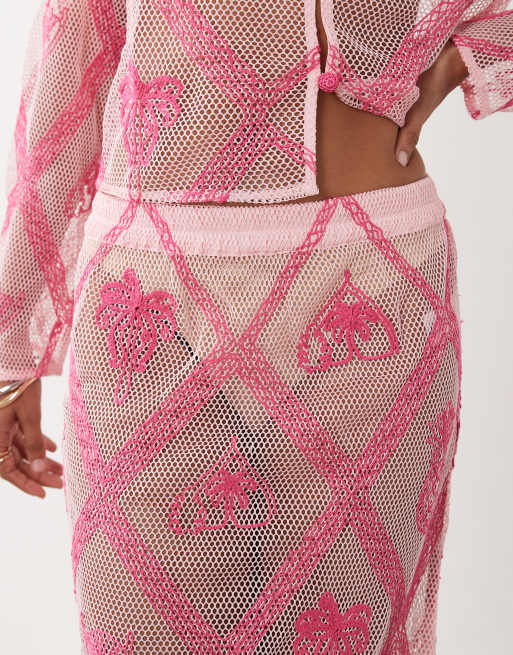 River Island motif crochet maxi skirt co-ord in pink, 3 of 5