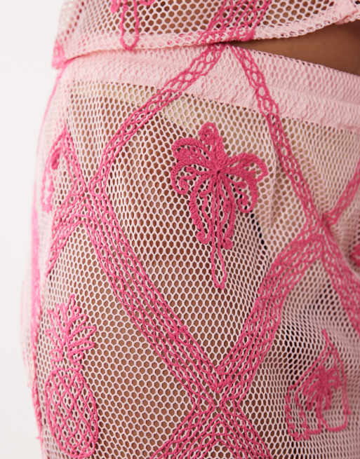 River Island motif crochet maxi skirt co-ord in pink, 4 of 5