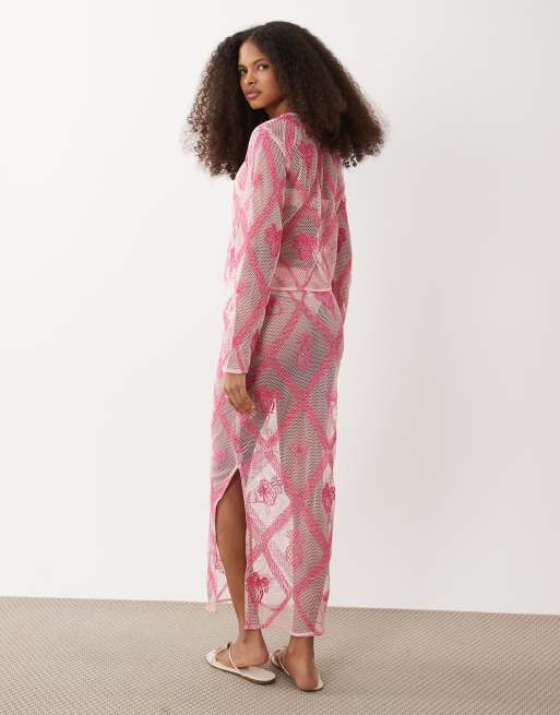 River Island motif crochet maxi skirt co-ord in pink, 5 of 5
