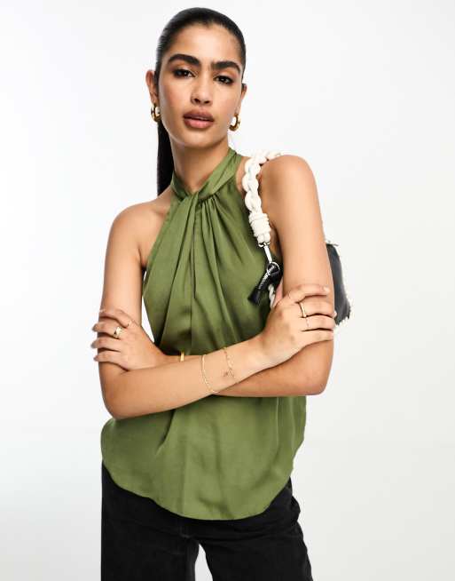 River Island - Mouwloze satijnen blouse met halternek in kaki