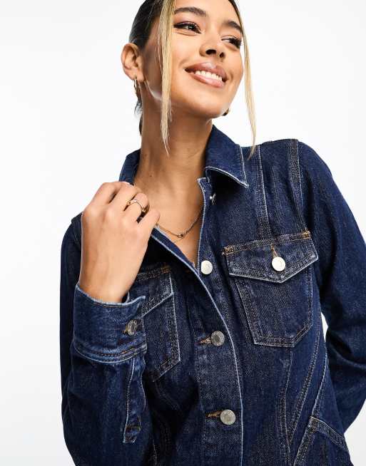 River Island - Mørkeblå midikjole i denim med lange ærmer og syninger, 2 af 4