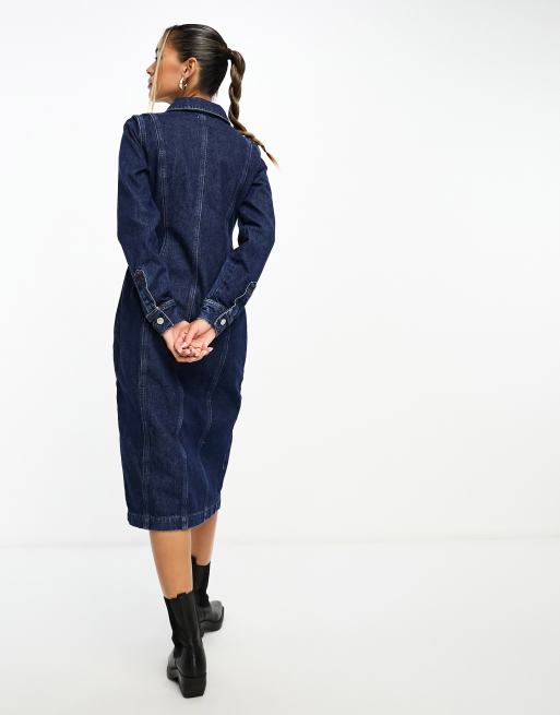 River Island - Mørkeblå midikjole i denim med lange ærmer og syninger, 4 af 4