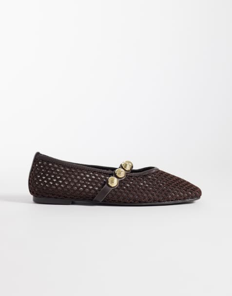 River Island - Mørkebrune flade ballerinaer med guldfarvede detaljer i hæklet materiale - view 1