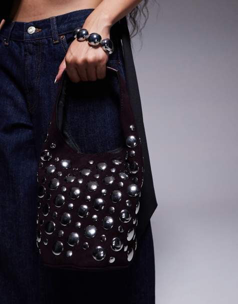 River Island - Mørkerød bucket-taske med nitter i imiteret ruskind - view 1