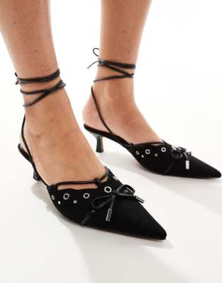 River Island - Mules in Schwarz mit Kitten-Heels und Schleife