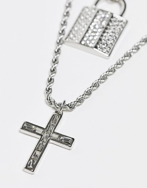 River Island multi row chain necklace with cross and lock pendant in silver  | ASOS