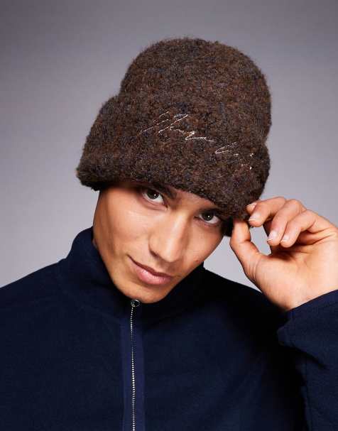River Island multi tone boucle beanie in dark brown - view 1