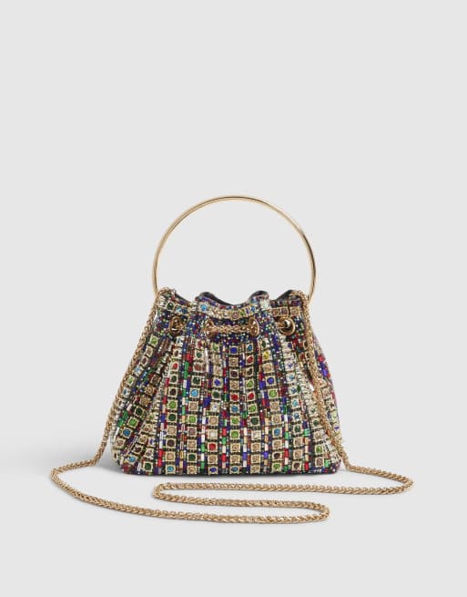 River Island Multicoloured gem bucket clutch bag in gold , 3 of 3
